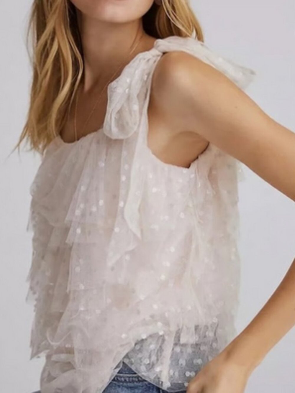 Maeve Anthropologie Plus 1X Sheer Ruffle Tie-Shoulder Tank Top  Blush Pink New